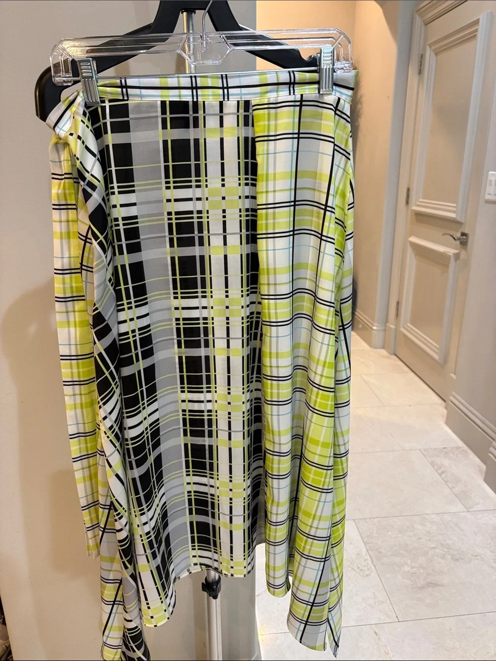 Topshop Plaid Wrap Skirt in Lime, Black & White